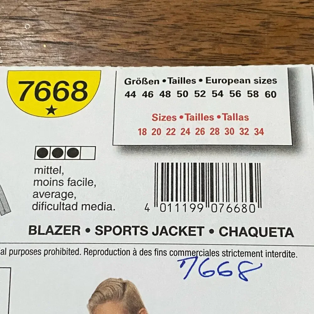 Burda sewing pattern #7668 blazer sports jacket UNCUT plus size US 18-34